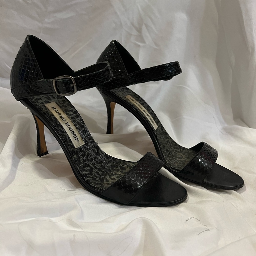 Authentic Manolo Blahnik Snake Skin Strappy Heeled Sandal